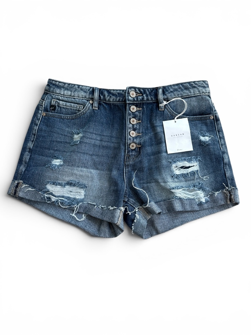 KanCan Distressed Button Fly Denim Shorts Medium Wash High Rise Size 11/29